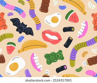 Doces de goma, padrão sem costura. Ursos gelatinosos, ovos, vermes, garras, lábios, fundo sem fim, textura. Doces mastigáveis, gengivas, impressão repetitiva para embrulhar, design têxtil. Ilustração de vetor plano colorido