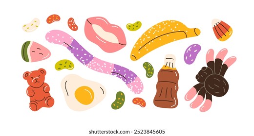 Gummy candies set. Chewy jelly bears, worms, egg, lips and bottle. Sweet funny confectionery, chewing snacks. Sugar fruit treats, gum confections. Flat vector illustration isolated on white background