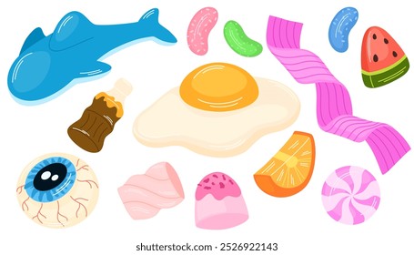 Gummy candies set. Chewy jelly bears, worms, egg, lips and bottle. Sweet funny confectionery, chewing snacks. Sugar fruit treats, gum confections. Flat vector illustration isolated on white background