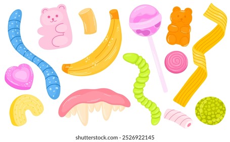 Conjunto de caramelos de goma. Gelatina, huevo masticable, gusano, garras y dientes. Divertidos bocadillos dulces, dulces de chicle para niños. Confitería, golosinas. Ilustración vectorial plana aislada sobre fondo blanco