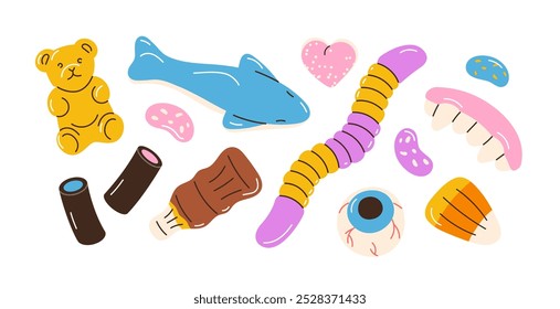 Conjunto de caramelos de goma. Dulces de gelatina. Oso de goma, gusano, mandíbulas, globo ocular y botella. Bocadillos dulces, golosinas de azúcar, dulces. Confitería graciosa. Ilustración vectorial plana aislada sobre fondo blanco