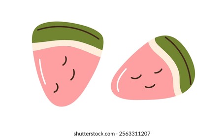 Gummy candies, watermelon slices shape. Jelly sweets, soft sugar snack, gum. Cute chewy confectionery, fruity treat, yummy food. Flat graphic vector illustration isolated on white background