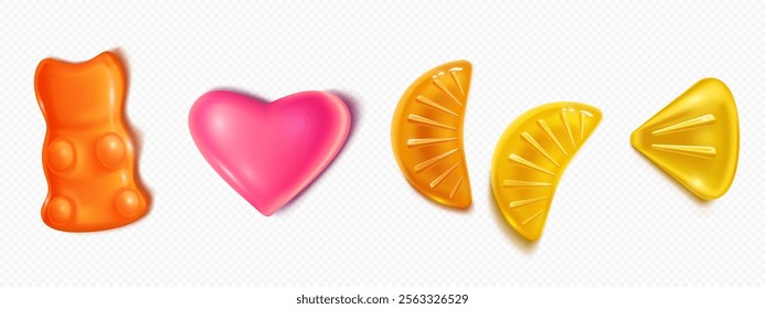 Gummy candy collection with orange bear, pink heart and yellow citrus shapes. Realistic 3d glossy texture and shiny surface with soft shadows. Translucent sweet jelly or marmalade confectionery set.