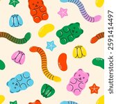 Gummy candy pattern. Seamless print of jelly bears, worms, beans, fruits, star, colorful sweet fruity dessert of gummy snacks different shapes. Vector cartoon texture.