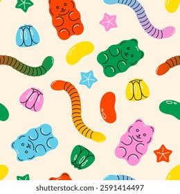 Gummy candy pattern. Seamless print of jelly bears, worms, beans, fruits, star, colorful sweet fruity dessert of gummy snacks different shapes. Vector cartoon texture.