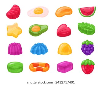 Bonbons aus Gummi. Cartoon fruchtige Gelee, kaue Süßigkeiten mit verschiedenen Geschmacksrichtungen flach Vektorgrafik Set. Köstliche Gelee-Süßigkeiten-Kollektion