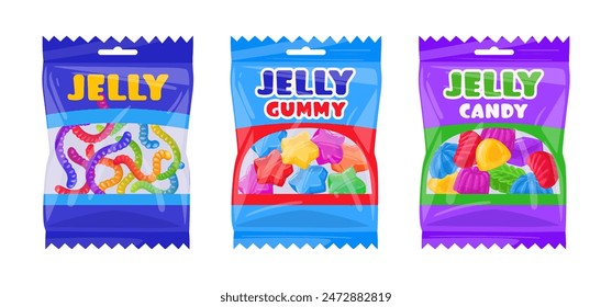 Gummy chewy jelly candies bags. Chewy jelly candy sweets with fruit flavor flat vector illustration set. Fruity gummy packages