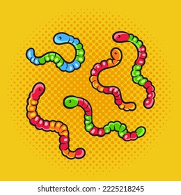 gummy chewy worms candies pinup pop art retro vector illustration. Comic book style imitation.