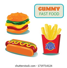 Gummy hot dog, fries, burger, fast food vector illustration