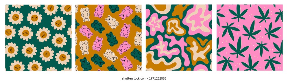 Gummy and Jelly Bears, Flowers, Abstract shapes, cannabis. Hand drawn Vector illustrations. Cartoon style. Set of four Seamless Patterns. Backgrounds, Wallpapers. Print templates