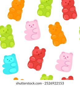 Gummy jelly bears, seamless pattern. Cute gum candies, sweet snacks, chewy confectionery, endless background, texture. Repeating print for wrapping, fabric design. Colored flat vector illustration