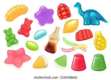 Gummy jelly candy conjunto ilustración vectorial. 3 d personajes dulces bonitos, osos coloridos y botella de cola, gusanos de mermelada divertidos, azúcar masticable o recolección de fruta para niños aislados en blanco