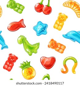 Gummy kids vitamins seamless pattern. Colorful repeated jelly candies, animals and fruit shapes, marmalade sugar sweets, packaging decor, wrapping paper for candies vector isolated background