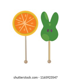
Gummy molded lollipops in different shapes having fruity flavours 
