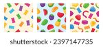 Gummy seamless patterns. Sweet jelly, chewy worms, gummy bear and fruit shaped marmalade flat vector endless design backgrounds. Jelly sweets backdrop set