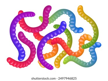 Gummy worms. Chewy marmalade shaped like worms, jelly candies, cute tasty sweets flat vector illustration set. Colorful sugary worms on white