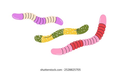 Gummy worms, jelly candies. Chewy sour fruit-flavoured sweets. Sugar treats, snacks, confectionery. Kids gums, gelatin confections. Flat graphic vector illustration isolated on white background