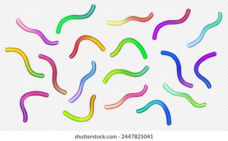 Gummy worms multicolor 3d realistic vector illustration. Healthy marmalade candies creative design. Tasty jelly treats on white background