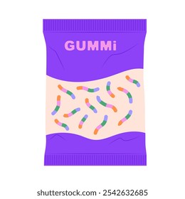 Gummy worms in package in flat design. Sweet chewy dessert snack in pack. Vector illustration isolated.