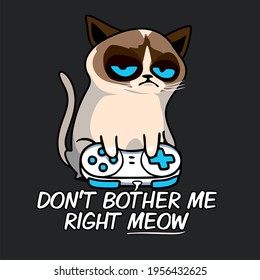 Gumpy Cat Vector Illustration Art, Funny Cute Kitty, Angry Kitten Meme With Gamepad, Gamer Cat Clipart For Game Lovers