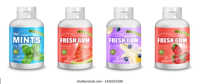 Gums mock up Vector realistic set collection. Product placement detailed label design. Packaging bottles. Fruit and mint flavor. 3d illustration