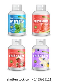 Gums mock up Vector realistic set collection. Product placement detailed label design. Packaging bottles. Fruit and mint flavor. 3d illustration