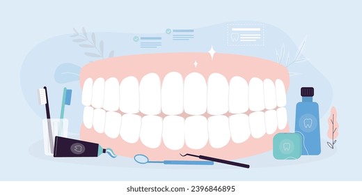 Gums with teeth or dentures. Dental prosthesis, tooth orthopedics sign, teeth image. Accessories for cleaning teeth - toothpaste, toothbrush, dental floss. Human teeth dental anatomy set with jaws.