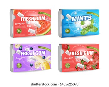 Gums Vector realistic set collection. Product placement detailed label design. Packaging advertise. Fruit and mint flavor. 3d illustration