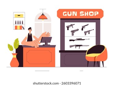 Gun Accessories Shop Vector Illustration featuring a Rifle, Bullets, Weapons, and Hunting Equipment in a Flat Style Cartoon Background