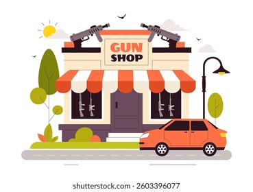 Gun Accessories Shop Vector Illustration featuring a Rifle, Bullets, Weapons, and Hunting Equipment in a Flat Style Cartoon Background