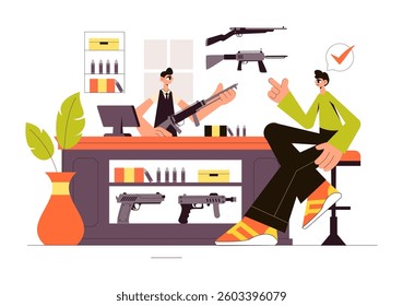 Gun Accessories Shop Vector Illustration featuring a Rifle, Bullets, Weapons, and Hunting Equipment in a Flat Style Cartoon Background