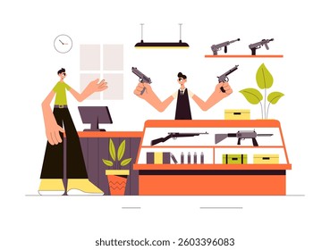 Gun Accessories Shop Vector Illustration featuring a Rifle, Bullets, Weapons, and Hunting Equipment in a Flat Style Cartoon Background