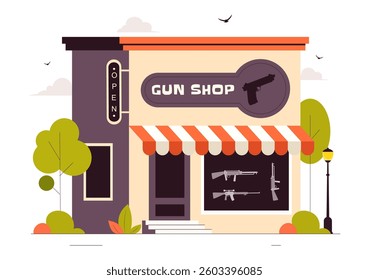 Gun Accessories Shop Vector Illustration featuring a Rifle, Bullets, Weapons, and Hunting Equipment in a Flat Style Cartoon Background