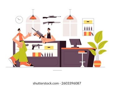 Gun Accessories Shop Vector Illustration featuring a Rifle, Bullets, Weapons, and Hunting Equipment in a Flat Style Cartoon Background