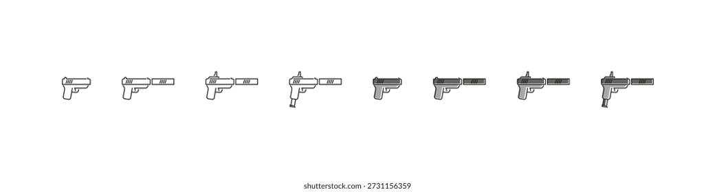 Conjunto de iconos de color de contorno de Vector de accesorios de pistola. Equipamiento táctico y adiciones para armas de fuego colección