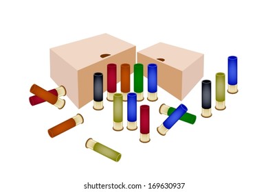 Gun Accessory, An Illustration of Storage Boxes and Shotgun Shells in Various Colors Isolated on White Background. 