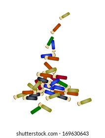 Gun Accessory, A Pile of Shotgun Shells in Various Colors Dropped from The Air on A Floor Isolated on White Background. 