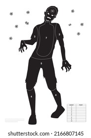 Gun aim point with Zombie shape on white paper has a bullet hole around. Shooting target with the score on every part of the zombie.