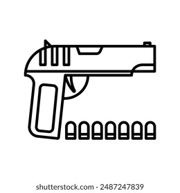 Pistola con marca de logotipo lineal de munición en blanco y negro