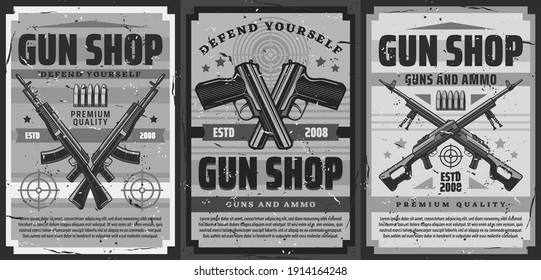 Gun And Ammunition Shop Retro Poster. Weapon For Self-defense, Ammo For Shooting Range Training Vintage Banner. Crossed Handguns, Machine Guns And Assault Rifle, Bullets And Shooting Target Vector