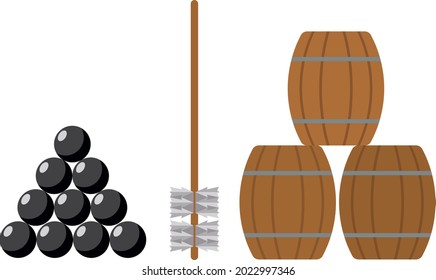 Una pistola. Artillería. Antiguos tipos de armas. Kernels, barriles de pólvora. Diseño plano.