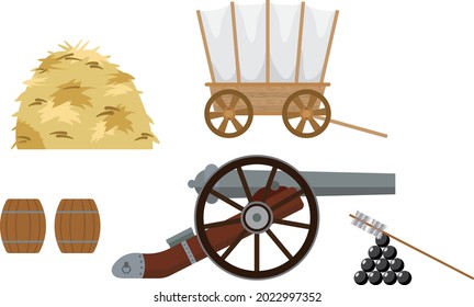 Una pistola. Artillería. Antiguos tipos de armas. Kernels, barriles de pólvora. Diseño plano.