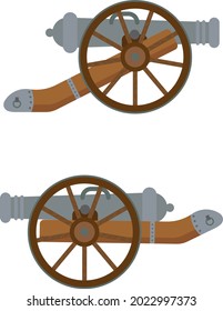 Una pistola. Artillería. Antiguos tipos de armas. Kernels, barriles de pólvora. Diseño plano.