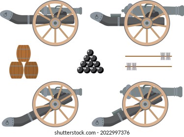 Una pistola. Artillería. Antiguos tipos de armas. Kernels, barriles de pólvora. Diseño plano.
