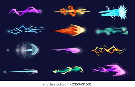 Efecto de haz de arma. Ataque con pistolas de afilador, potencia de disparo futurista de pulso de energía mágica o disparo láser en el espacio alienígena juego de disparo, cómic de dibujos animados ilustra vectorial del efecto mágico del boom