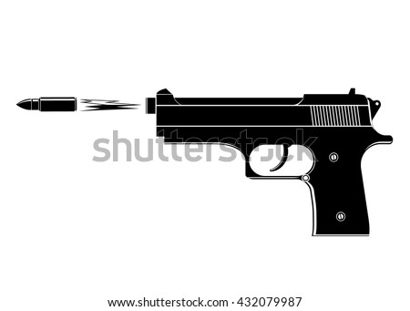gun. The black gun and the flying bullet with a flame on a white background