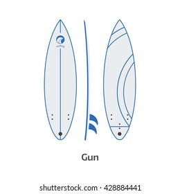 Gun board vector icon isolated on white background. Surfer longboard illustration. Long surfboard. Surfing desk image in flat design.