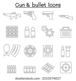 Gun  Bullet icon set in thin line style
