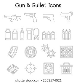 Gun  bullet icon set in thin line style