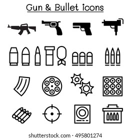 Gun & bullet icon set in thin line style